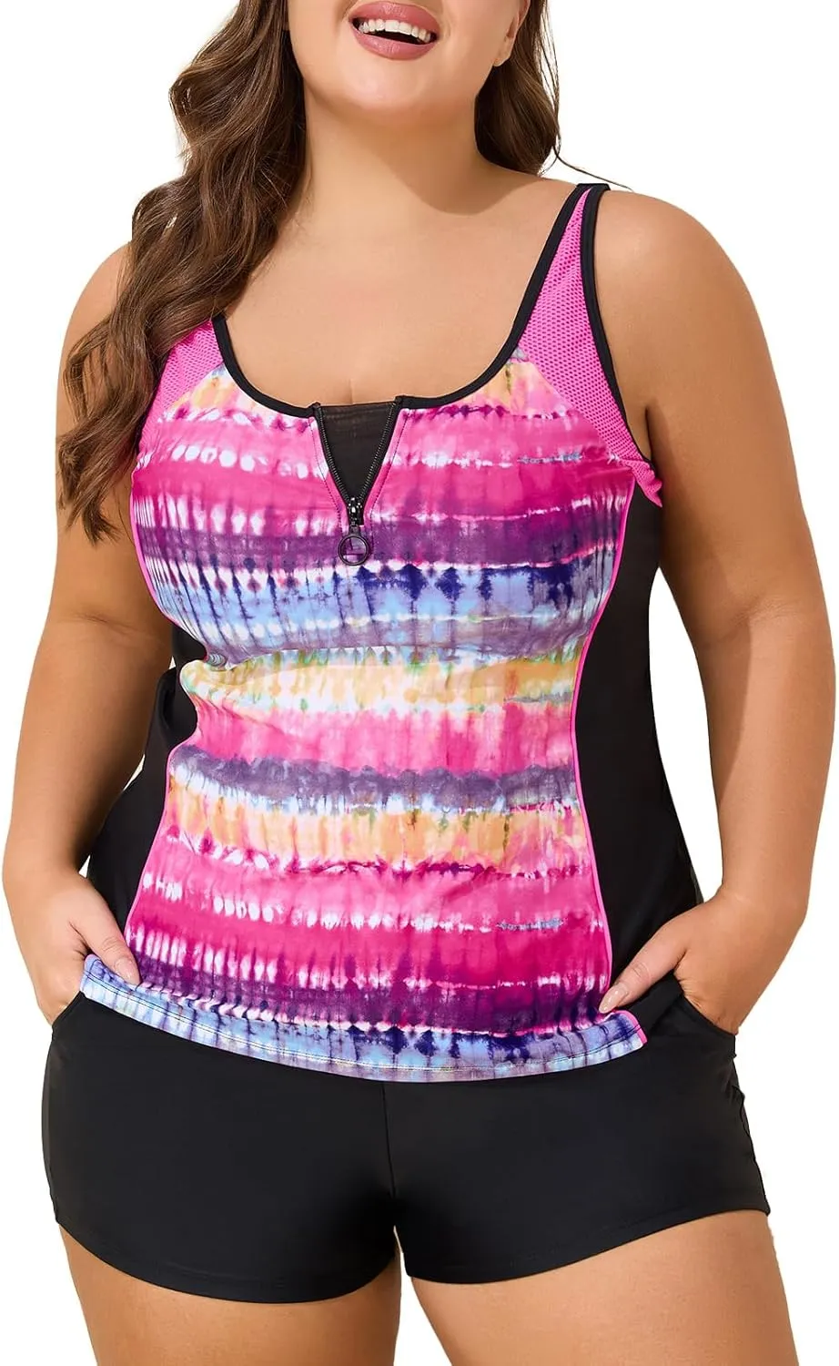 Summer Mae Zip Front Plus Size Tankini Swimsuit Women Two Piece Sport Bathing Suit with Pockets Shorts Tummy Control Swimwear