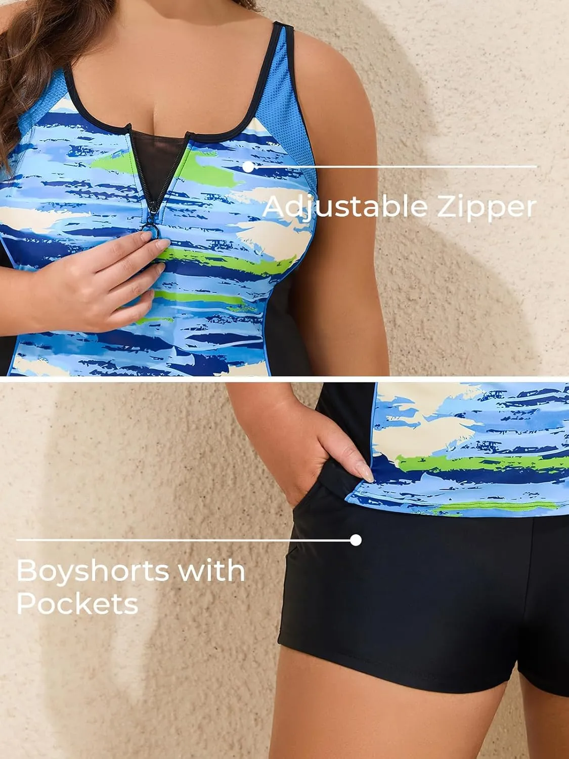 Summer Mae Zip Front Plus Size Tankini Swimsuit Women Two Piece Sport Bathing Suit with Pockets Shorts Tummy Control Swimwear