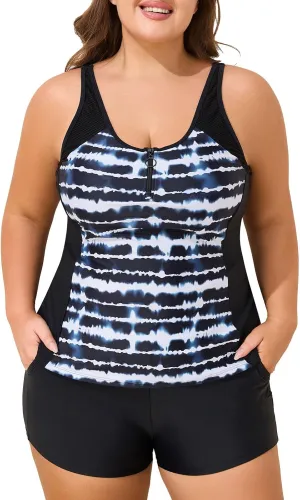 Summer Mae Zip Front Plus Size Tankini Swimsuit Women Two Piece Sport Bathing Suit with Pockets Shorts Tummy Control Swimwear