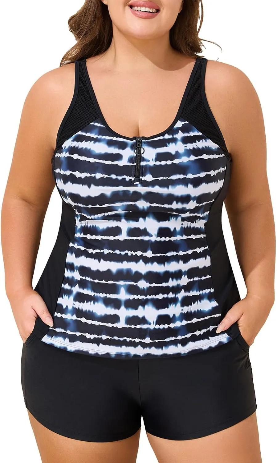 Summer Mae Zip Front Plus Size Tankini Swimsuit Women Two Piece Sport Bathing Suit with Pockets Shorts Tummy Control Swimwear