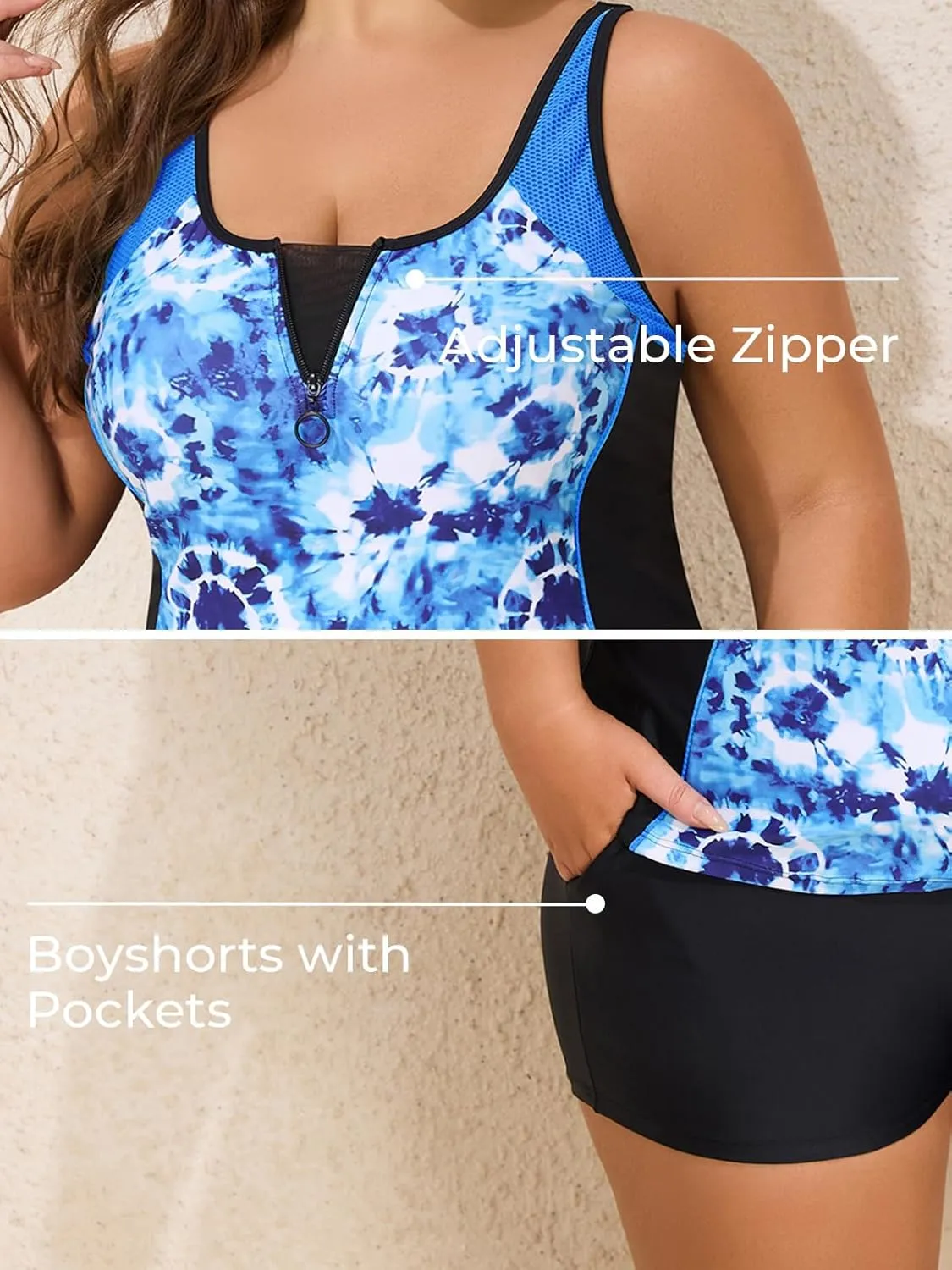 Summer Mae Zip Front Plus Size Tankini Swimsuit Women Two Piece Sport Bathing Suit with Pockets Shorts Tummy Control Swimwear