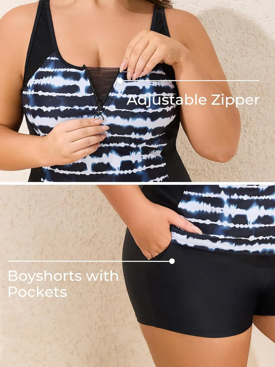Summer Mae Zip Front Plus Size Tankini Swimsuit Women Two Piece Sport Bathing Suit with Pockets Shorts Tummy Control Swimwear