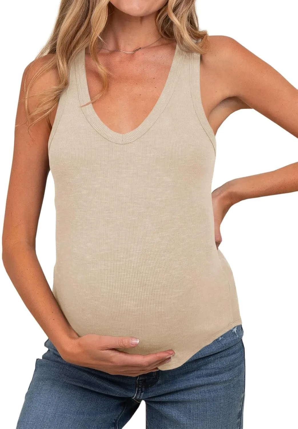 Tankaneo Womens Maternity Tank Tops Sleeveless V Neck Ribbed Knit Shirts Fitted Summer Casual Curved Hem Pregnancy Clothes