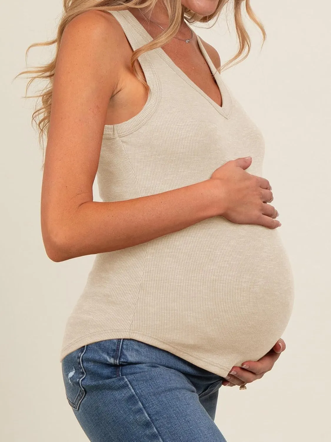 Tankaneo Womens Maternity Tank Tops Sleeveless V Neck Ribbed Knit Shirts Fitted Summer Casual Curved Hem Pregnancy Clothes