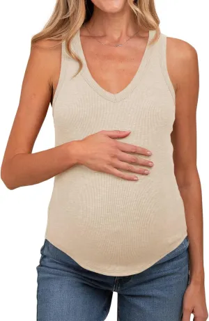 Tankaneo Womens Maternity Tank Tops Sleeveless V Neck Ribbed Knit Shirts Fitted Summer Casual Curved Hem Pregnancy Clothes
