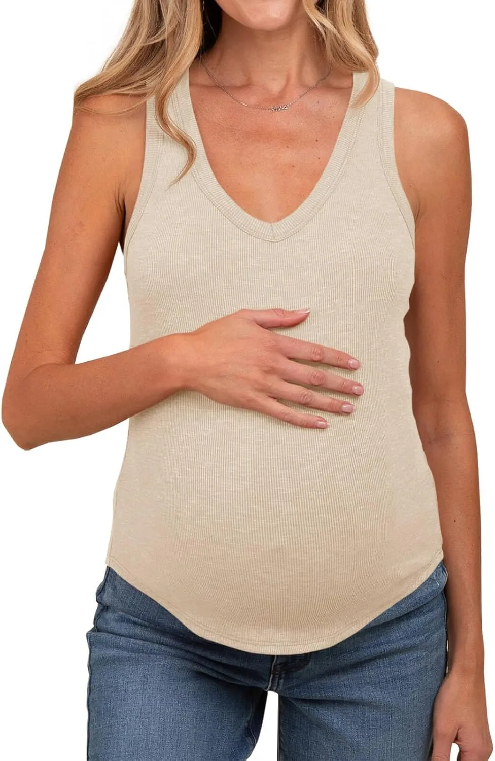 Tankaneo Womens Maternity Tank Tops Sleeveless V Neck Ribbed Knit Shirts Fitted Summer Casual Curved Hem Pregnancy Clothes