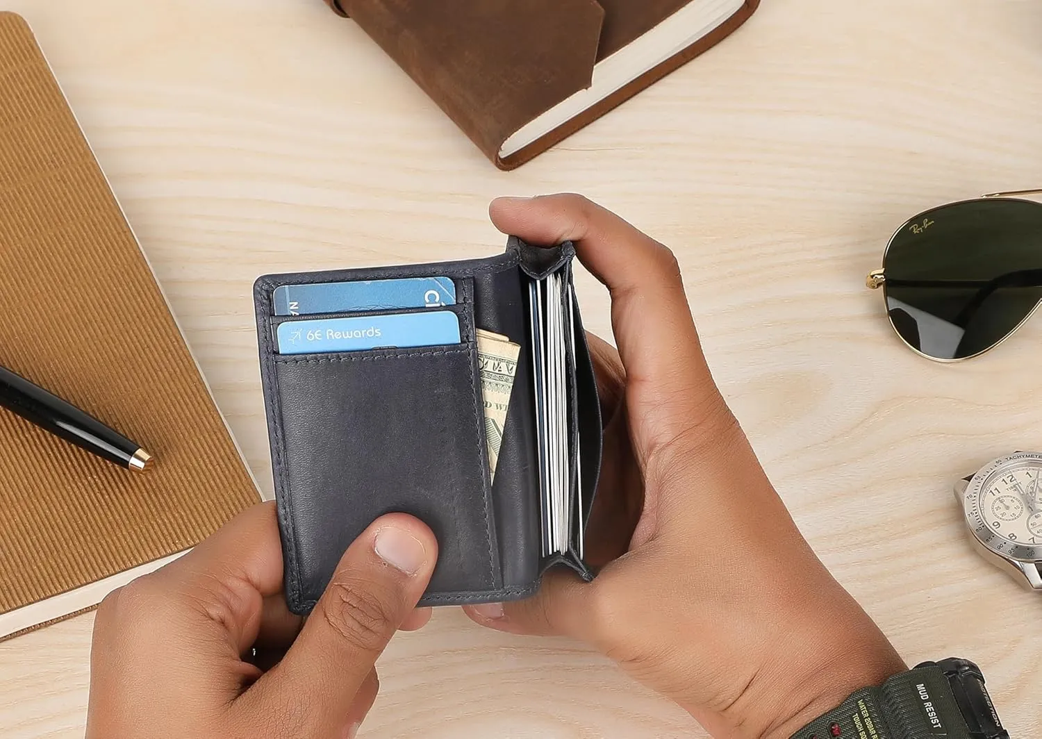 The Antiq Premium Leather Card Wallet, RFID Blocking Expandable Business Card Case, Bifold Card Holder for Men and Women, Men's Purse, Wallet for Men (Business Card Wallet, Blue)