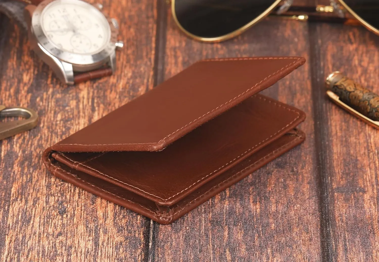 The Antiq Premium Leather Card Wallet, RFID Blocking Expandable Business Card Case, Bifold Card Holder for Men and Women, Men's Purse, Wallet for Men (Business Card Wallet, Tan)