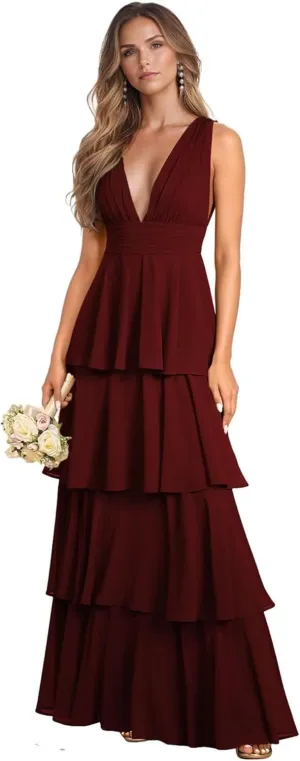 Tiered Ruffle Bridesmaid Dresses for Women Long Chiffon Deep V Neck Sleeveless Formal Evening Dresses