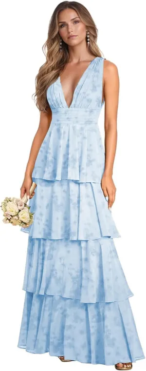 Tiered Ruffle Bridesmaid Dresses for Women Long Chiffon Deep V Neck Sleeveless Formal Evening Dresses