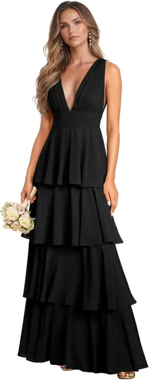 Tiered Ruffle Bridesmaid Dresses for Women Long Chiffon Deep V Neck Sleeveless Formal Evening Dresses