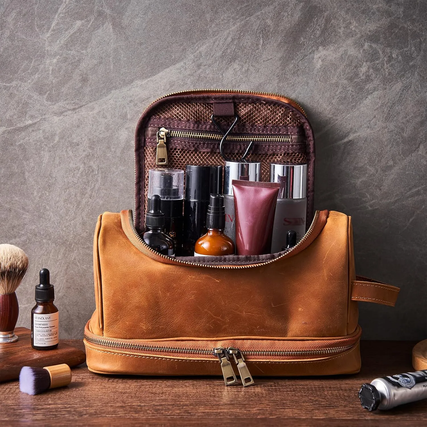 Toiletry Bag for Men Women with Hanging Hook,Full Grain Leather Handcrafted Vintage Dopp Kit,Mens Hygiene Travel Bag,Leather Toiletry Cosmetic Pouch,Large Shaving Kit DarkBrown