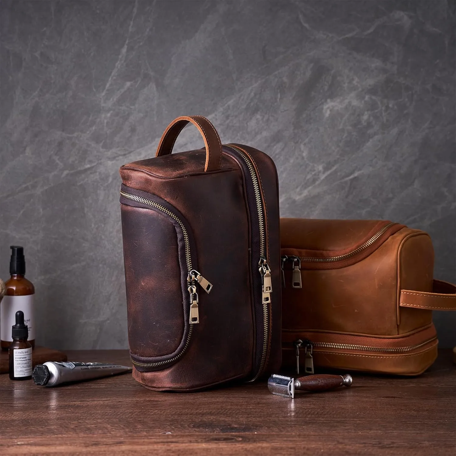 Toiletry Bag for Men Women with Hanging Hook,Full Grain Leather Handcrafted Vintage Dopp Kit,Mens Hygiene Travel Bag,Leather Toiletry Cosmetic Pouch,Large Shaving Kit DarkBrown