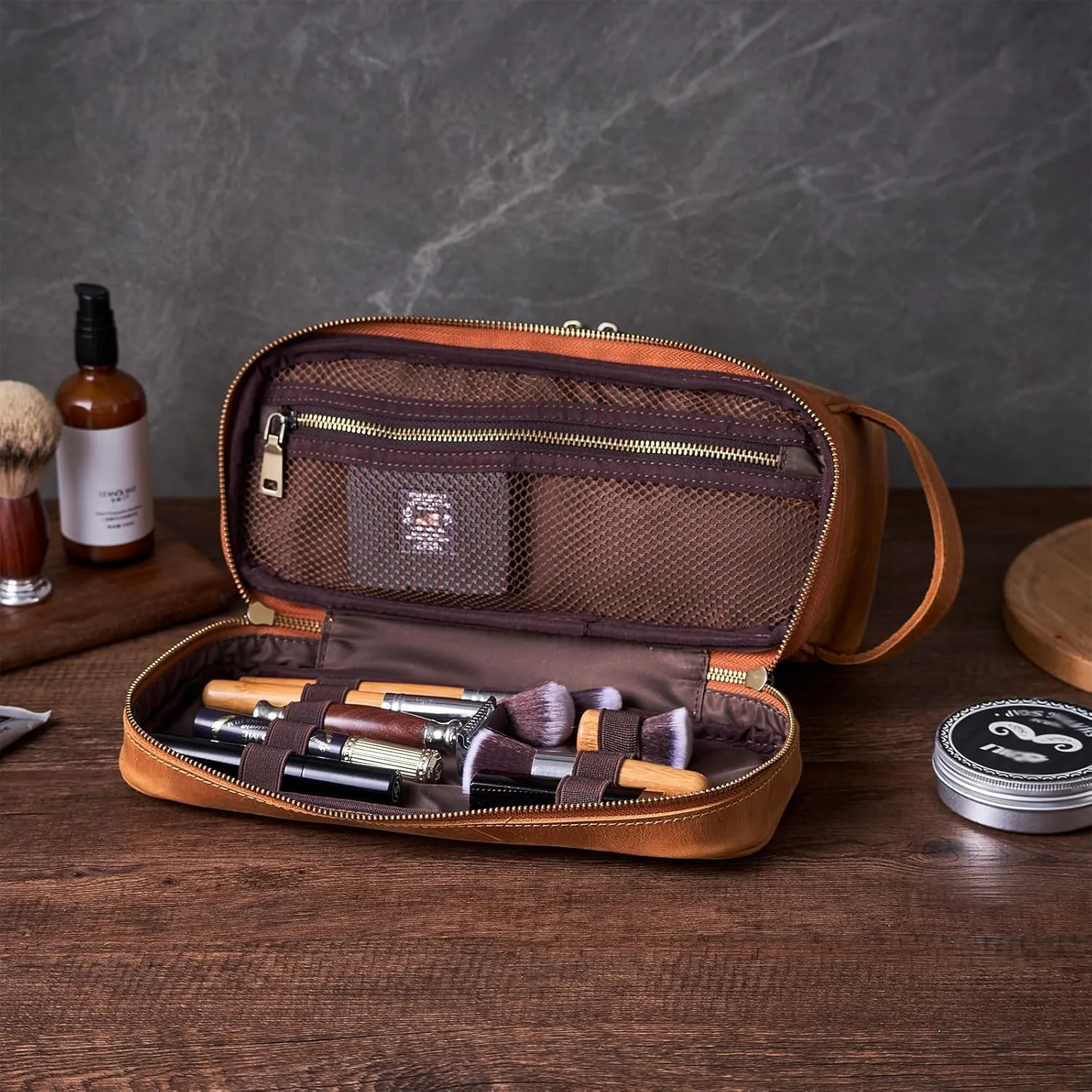 Toiletry Bag for Men Women with Hanging Hook,Full Grain Leather Handcrafted Vintage Dopp Kit,Mens Hygiene Travel Bag,Leather Toiletry Cosmetic Pouch,Large Shaving Kit DarkBrown