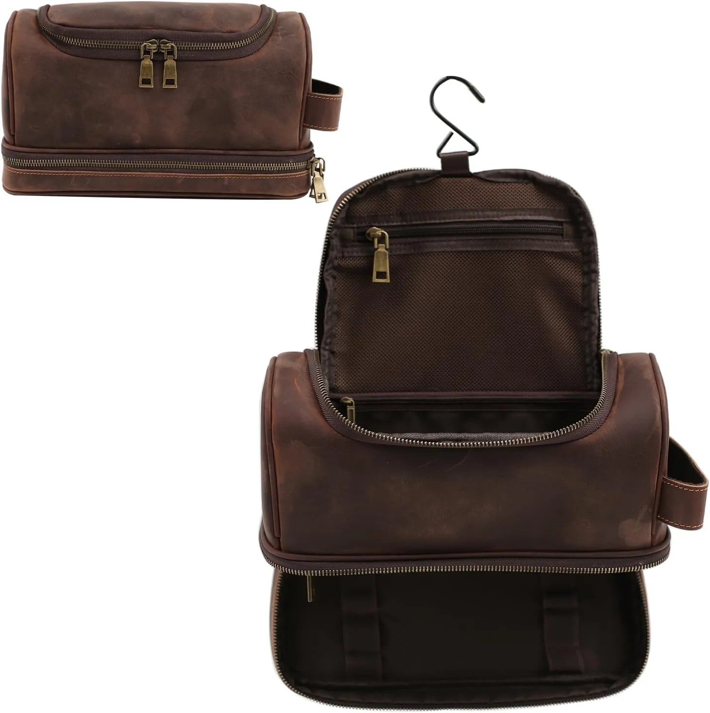 Toiletry Bag for Men Women with Hanging Hook,Full Grain Leather Handcrafted Vintage Dopp Kit,Mens Hygiene Travel Bag,Leather Toiletry Cosmetic Pouch,Large Shaving Kit DarkBrown