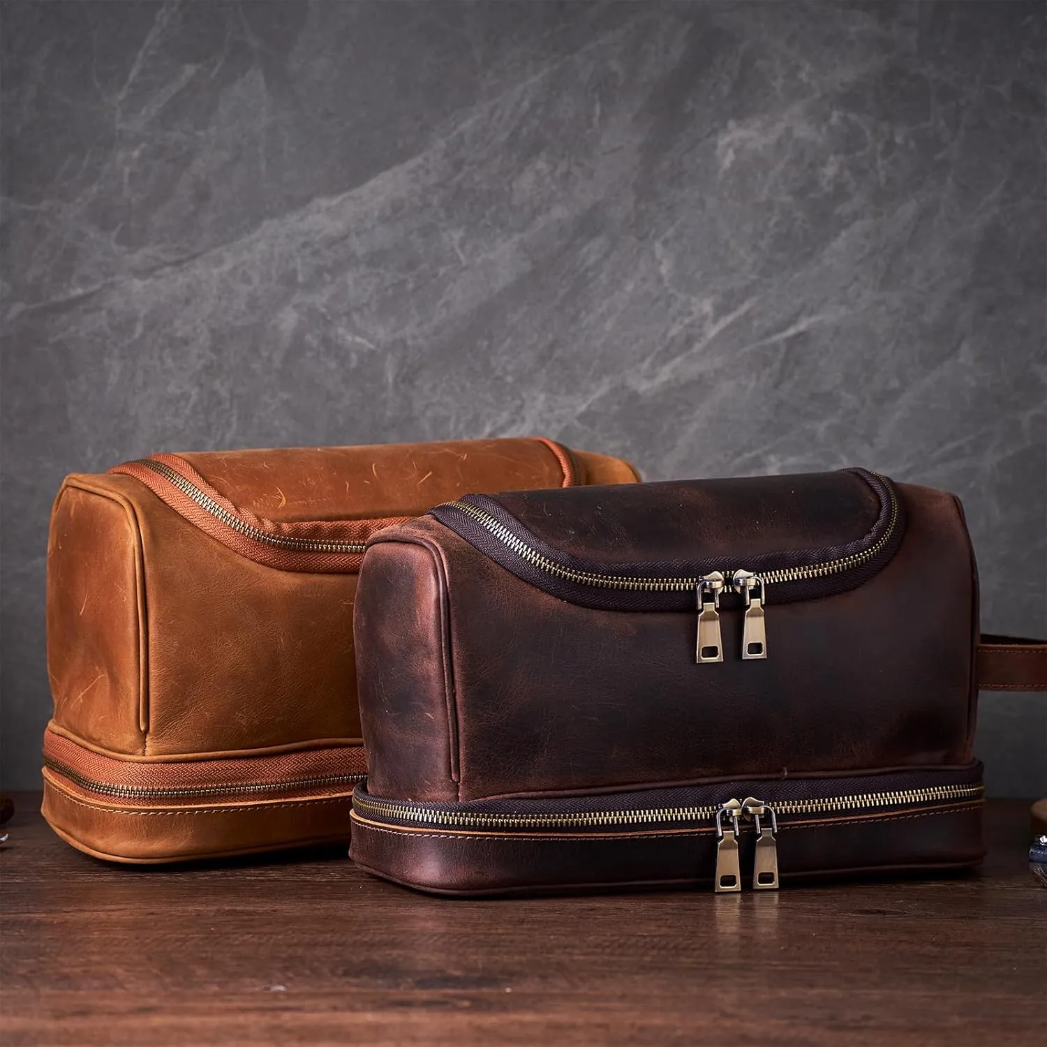 Toiletry Bag for Men Women with Hanging Hook,Full Grain Leather Handcrafted Vintage Dopp Kit,Mens Hygiene Travel Bag,Leather Toiletry Cosmetic Pouch,Large Shaving Kit DarkBrown