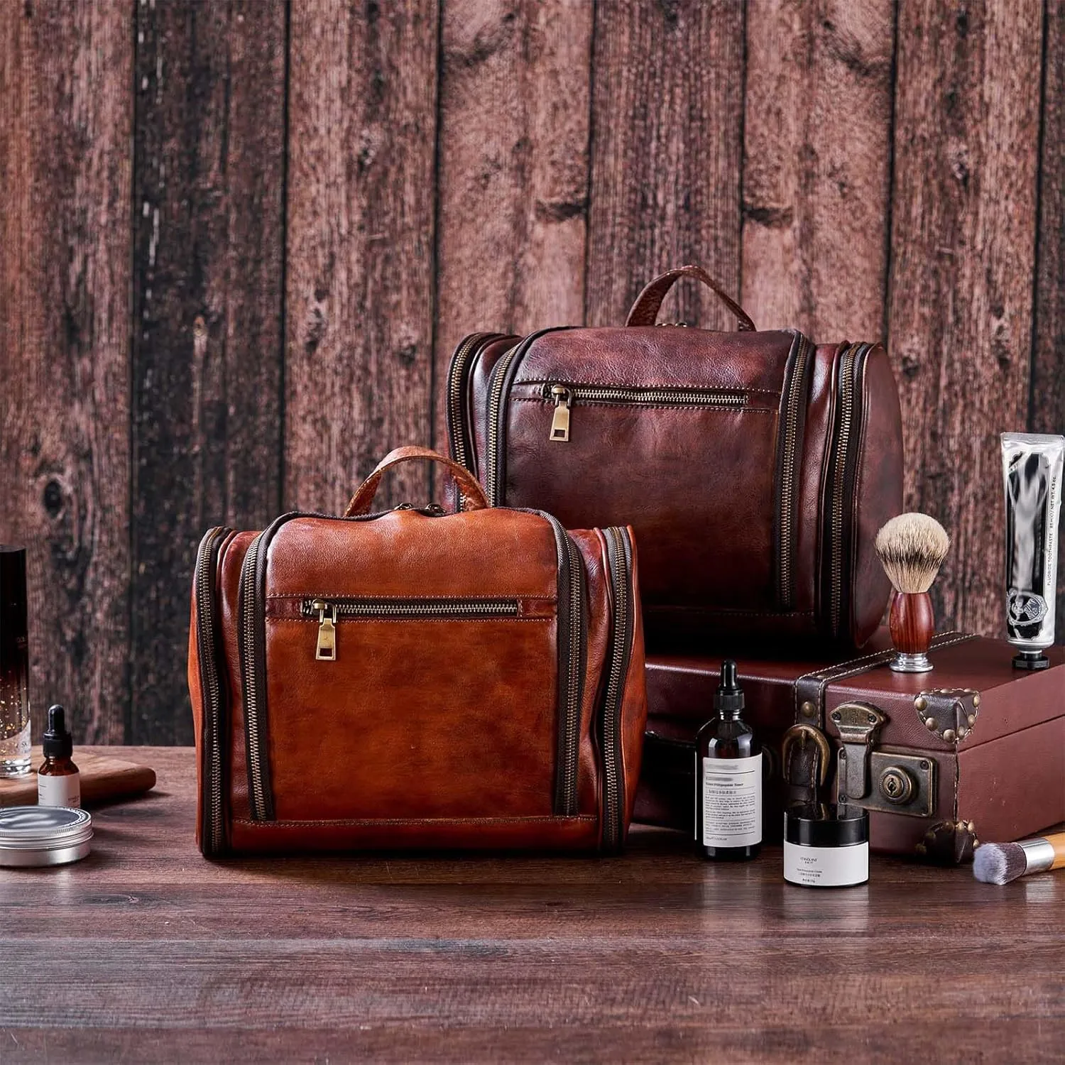 Toiletry Bag for Men Women with Hanging Hook,Full Grain Leather Handcrafted Vintage Travel Dopp Kit,Leather Toiletry Cosmetic Pouch,Large Shaving Bag Brown
