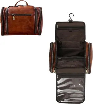 Toiletry Bag for Men Women with Hanging Hook,Full Grain Leather Handcrafted Vintage Travel Dopp Kit,Leather Toiletry Cosmetic Pouch,Large Shaving Bag Brown