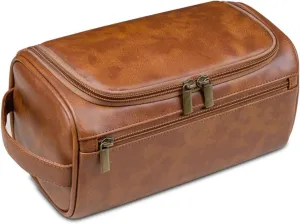 Toiletry Bag for Men Women with Hanging Hook,PU Leather Vintage Travel Dopp Kit,Toiletry Cosmetic Pouch,Large Shaving Bag Brown