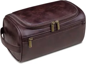 Toiletry Bag for Men Women with Hanging Hook,PU Leather Vintage Travel Dopp Kit,Toiletry Cosmetic Pouch,Large Shaving Bag Coffee