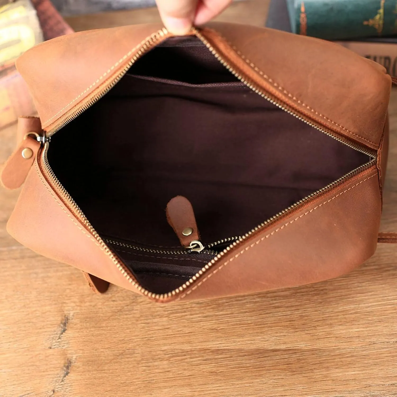Toiletry Bag for Men Women,Full Grain Leather Handcrafted Travel Dopp Kit,Leather Toiletry Travel Pouch,Large Cosmetic Shaving Bag Brown Medium