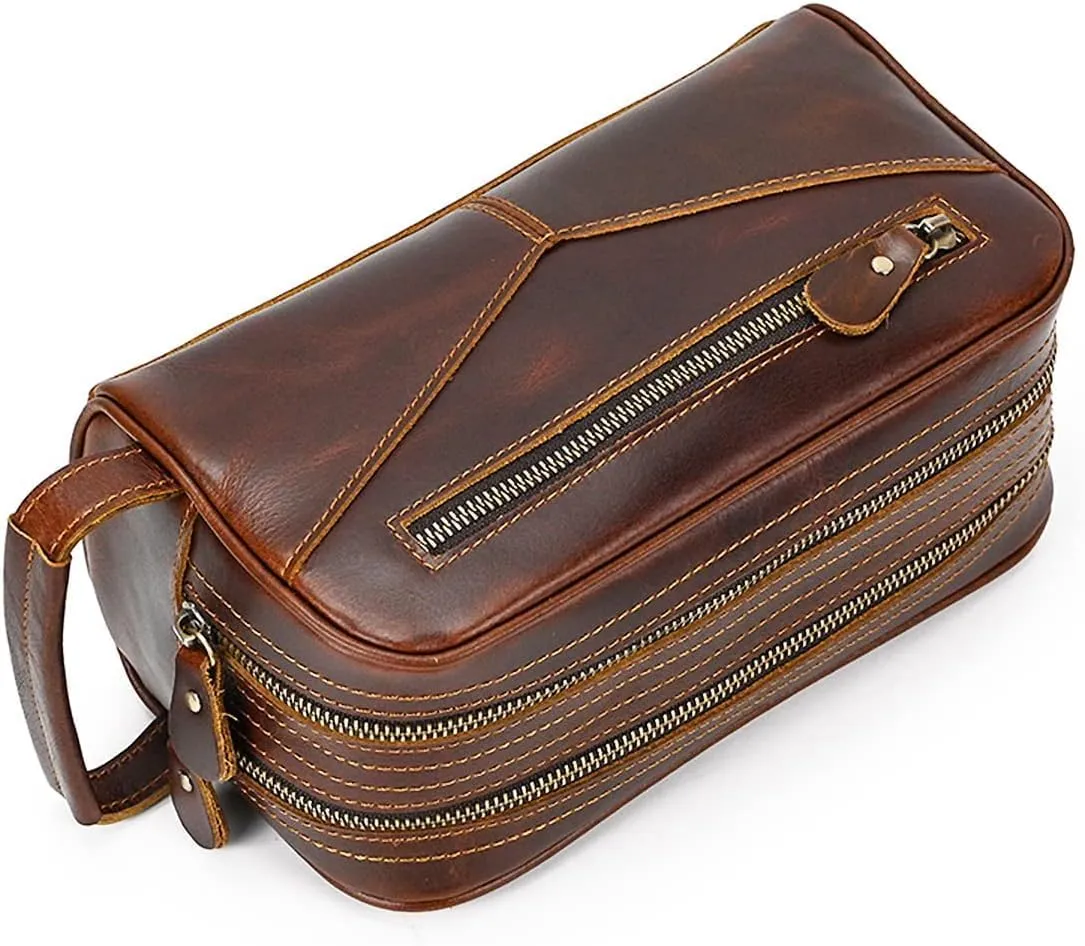 Toiletry Bag for Men Women,Full Grain Leather Handcrafted Vintage Travel Dopp Kit,Leather Toiletry Travel Pouch,Large Cosmetic Shaving BagFully Lined with Cotton Fabric Coffee