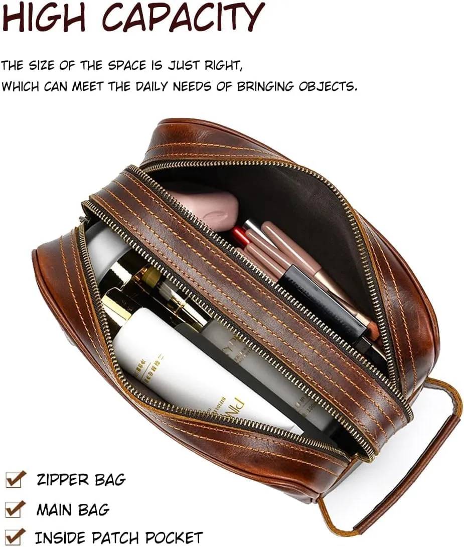 Toiletry Bag for Men Women,Full Grain Leather Handcrafted Vintage Travel Dopp Kit,Leather Toiletry Travel Pouch,Large Cosmetic Shaving BagFully Lined with Cotton Fabric Coffee
