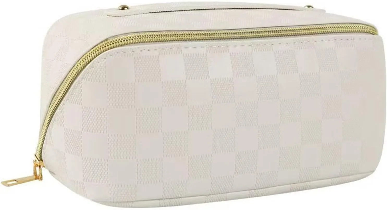 Travel Makeup Bag, Women's Large Capacity Portable, Waterproof Toilet Storage, Leather Toilet Bag with Handle, Zipper, White