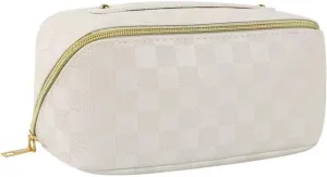 Travel Makeup Bag, Women's Large Capacity Portable, Waterproof Toilet Storage, Leather Toilet Bag with Handle, Zipper, White