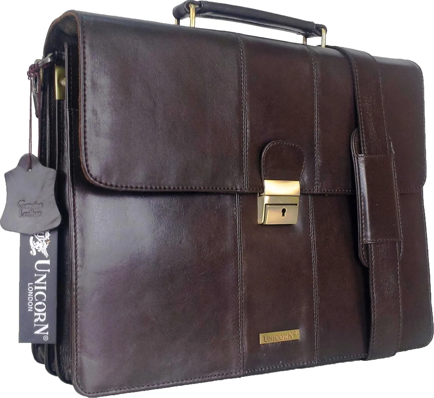 UNICORN Premium Leather Office Bag| Formal Business Briefcase with Lockable Flap, Shoulder Strap & Handle | Professional Laptop Messenger Bag for Work & Meetings (Brown)