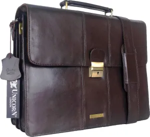 UNICORN Premium Leather Office Bag| Formal Business Briefcase with Lockable Flap, Shoulder Strap & Handle | Professional Laptop Messenger Bag for Work & Meetings (Brown)