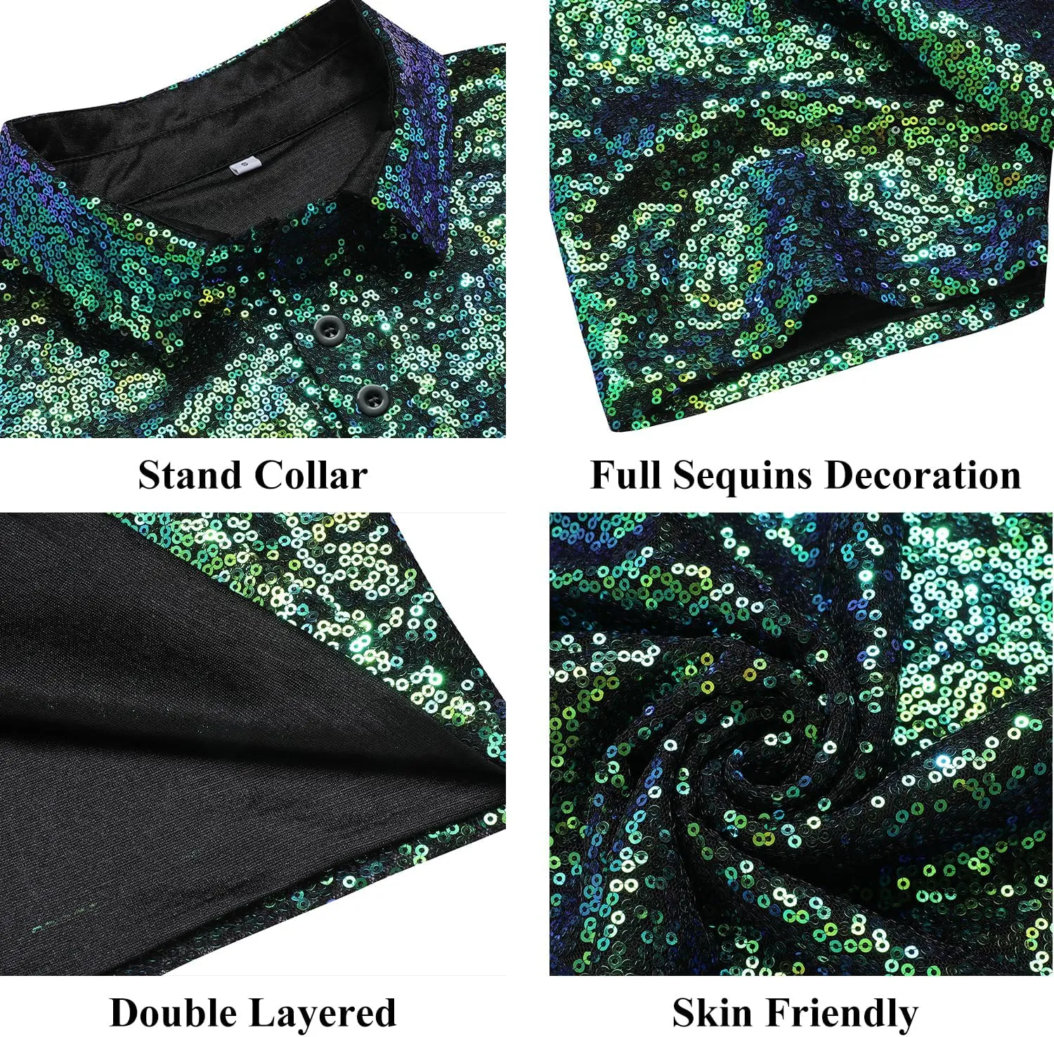 URRU Men's Relaxed Short Sleeve Turndown Sparkle Sequins Polo Shirts 70s Disco Nightclub Party Shirt Top