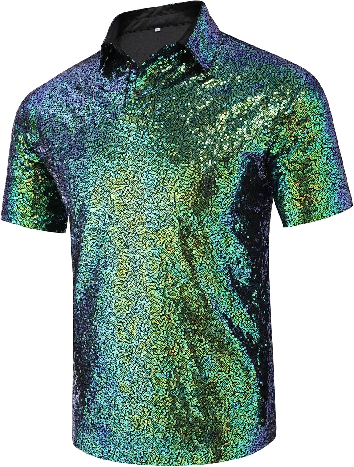 URRU Men's Relaxed Short Sleeve Turndown Sparkle Sequins Polo Shirts 70s Disco Nightclub Party Shirt Top