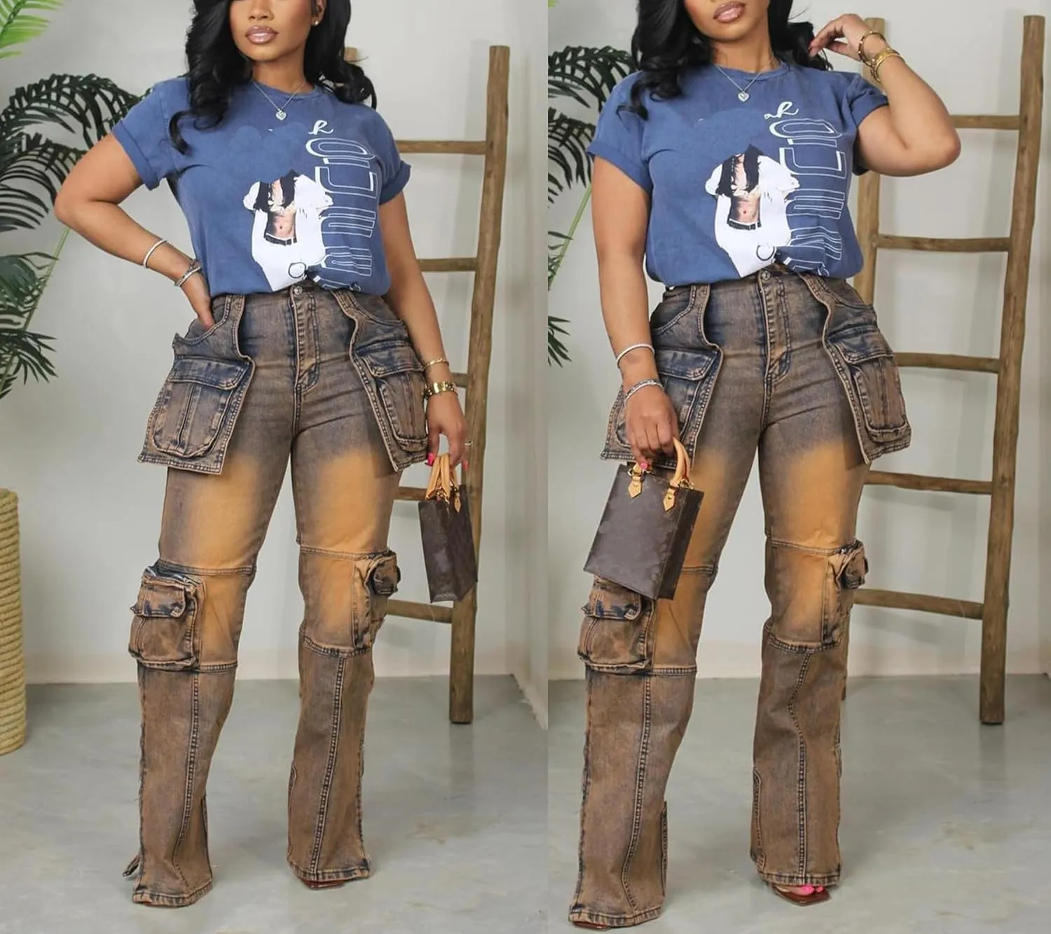 Vakkest Denim Cargo Jeans for Women High Waisted Loose Baggy Straight Wide Leg Stretch Pants Y2K Streetwear with Flap Pockets