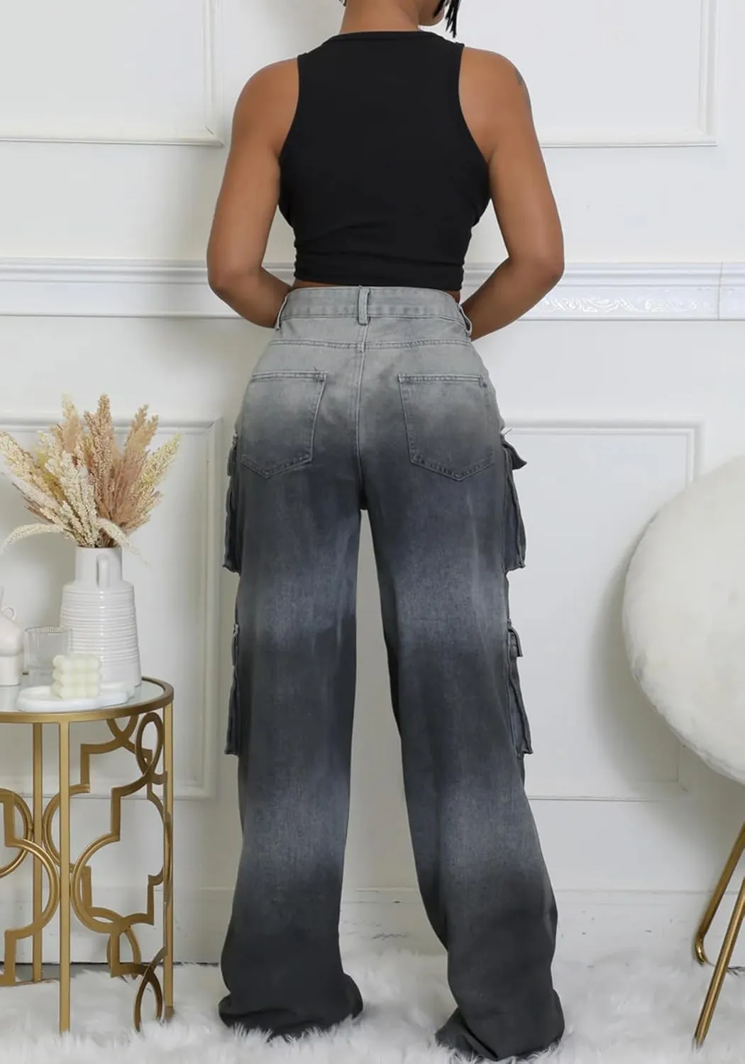 Vakkest Women's Cargo Jeans Wide Leg High Waist Jogger Baggy Denim Pants Boyfriends Trendy Trousers with Multi Pockets