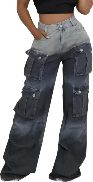Vakkest Women's Cargo Jeans Wide Leg High Waist Jogger Baggy Denim Pants Boyfriends Trendy Trousers with Multi Pockets