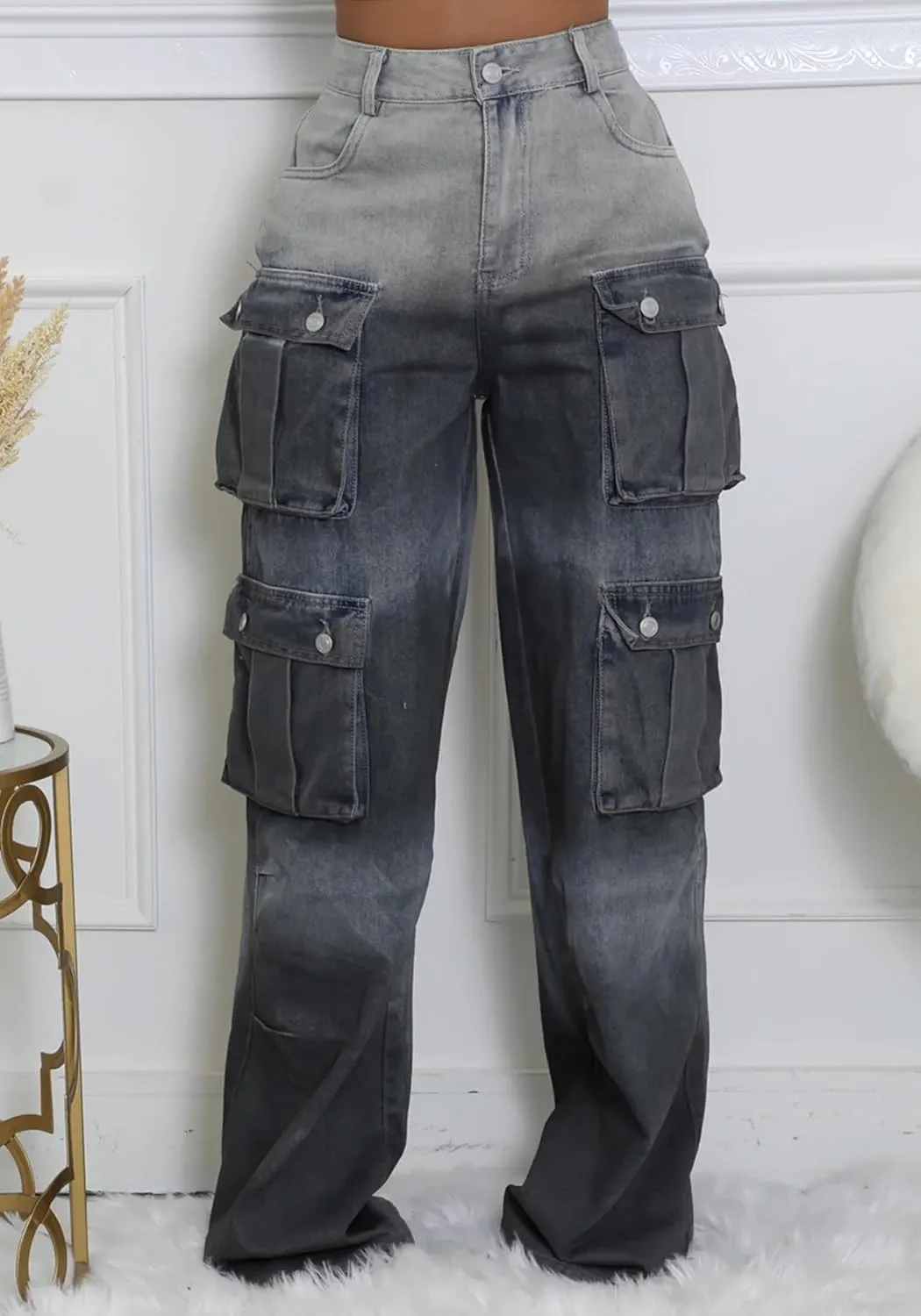 Vakkest Women's Cargo Jeans Wide Leg High Waist Jogger Baggy Denim Pants Boyfriends Trendy Trousers with Multi Pockets