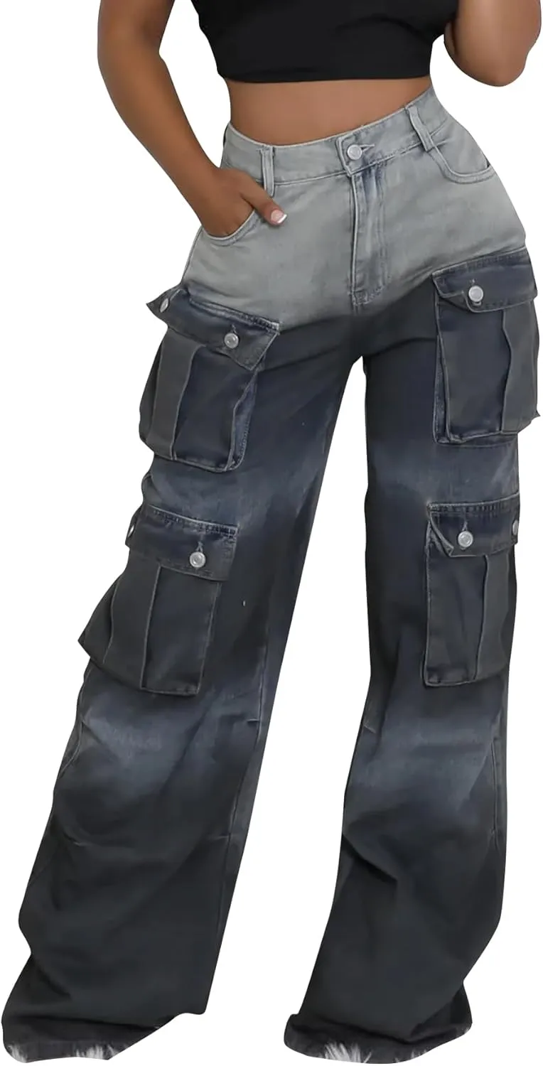 Vakkest Women's Cargo Jeans Wide Leg High Waist Jogger Baggy Denim Pants Boyfriends Trendy Trousers with Multi Pockets