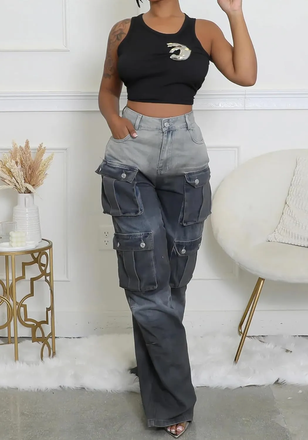 Vakkest Women's Cargo Jeans Wide Leg High Waist Jogger Baggy Denim Pants Boyfriends Trendy Trousers with Multi Pockets