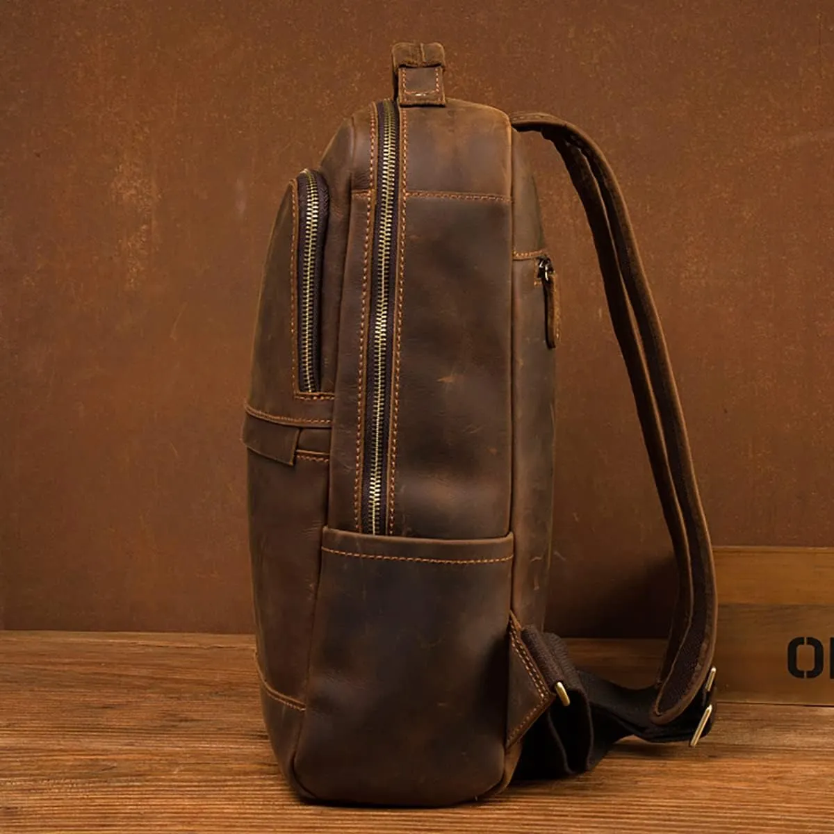 Vintage Genuine Leather 14 Inch Laptop Backpack,Hiking Travel Bag Anti Theft Camping Daypack