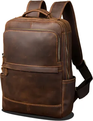 Vintage Genuine Leather 15.6 Inch Laptop Backpack, Hiking Travel Bag Anti Theft Camping Daypack