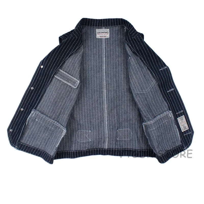 Vintage Men's Denim Foreman Vest Motorcycle Striped Lapel Jean Jacket