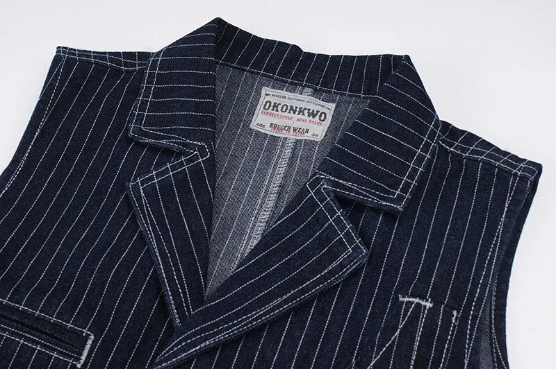Vintage Men's Denim Foreman Vest Motorcycle Striped Lapel Jean Jacket