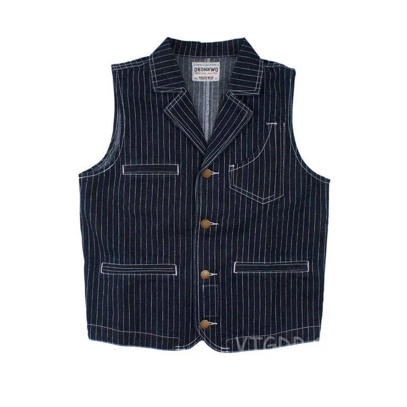Vintage Men's Denim Foreman Vest Motorcycle Striped Lapel Jean Jacket