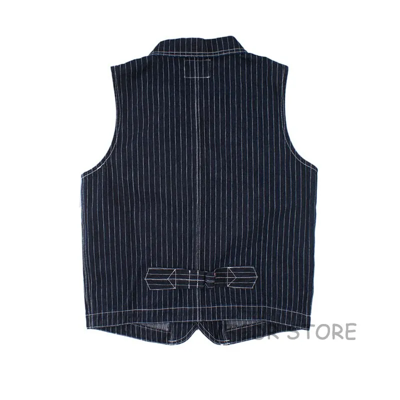 Vintage Men's Denim Foreman Vest Motorcycle Striped Lapel Jean Jacket