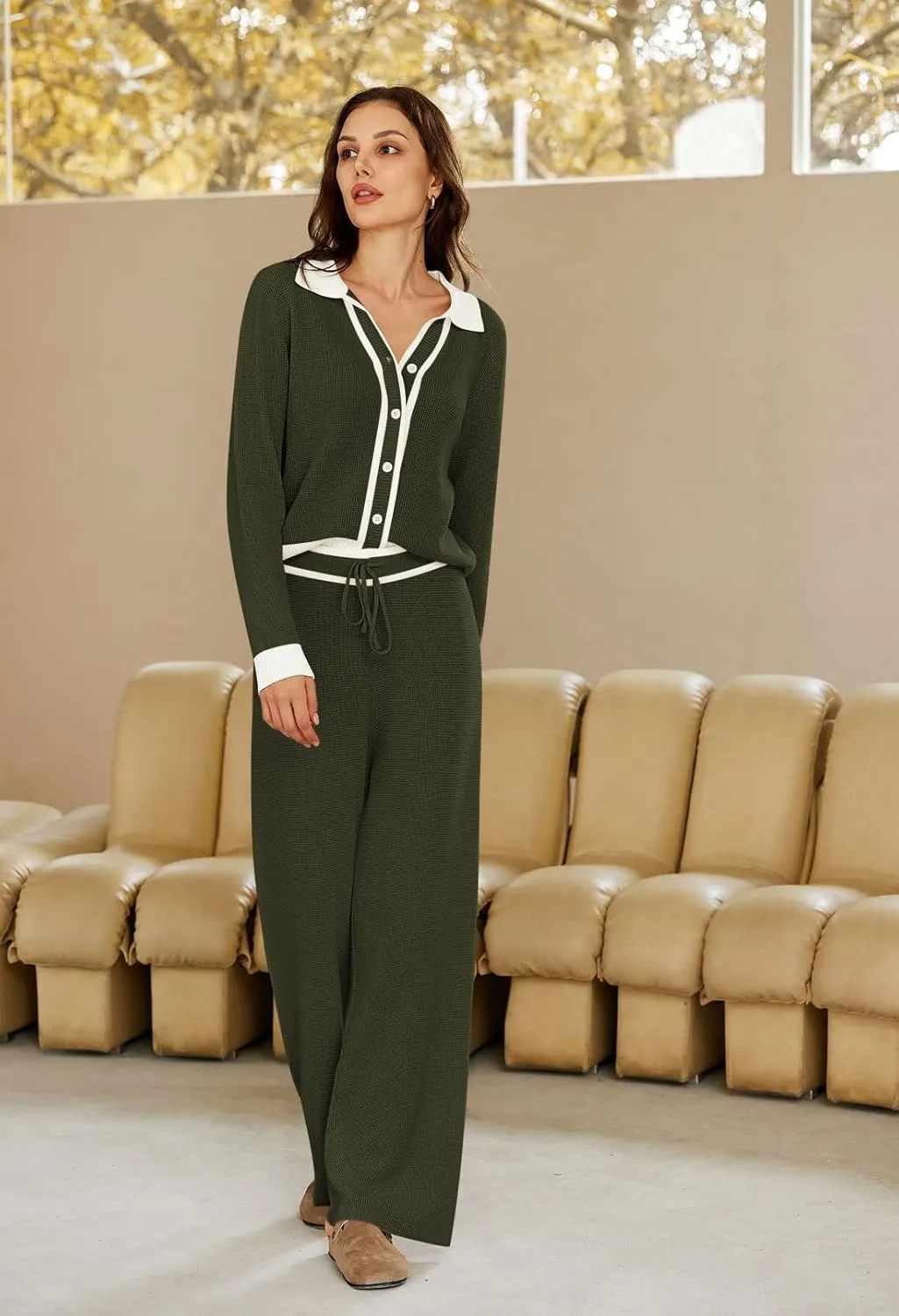 Viottiset Women's 2 Piece Outfits Sweatsuit Set Long Sleeve Button Sweatshirt Wide Leg Sweatpants Lounge Set Tracksuit