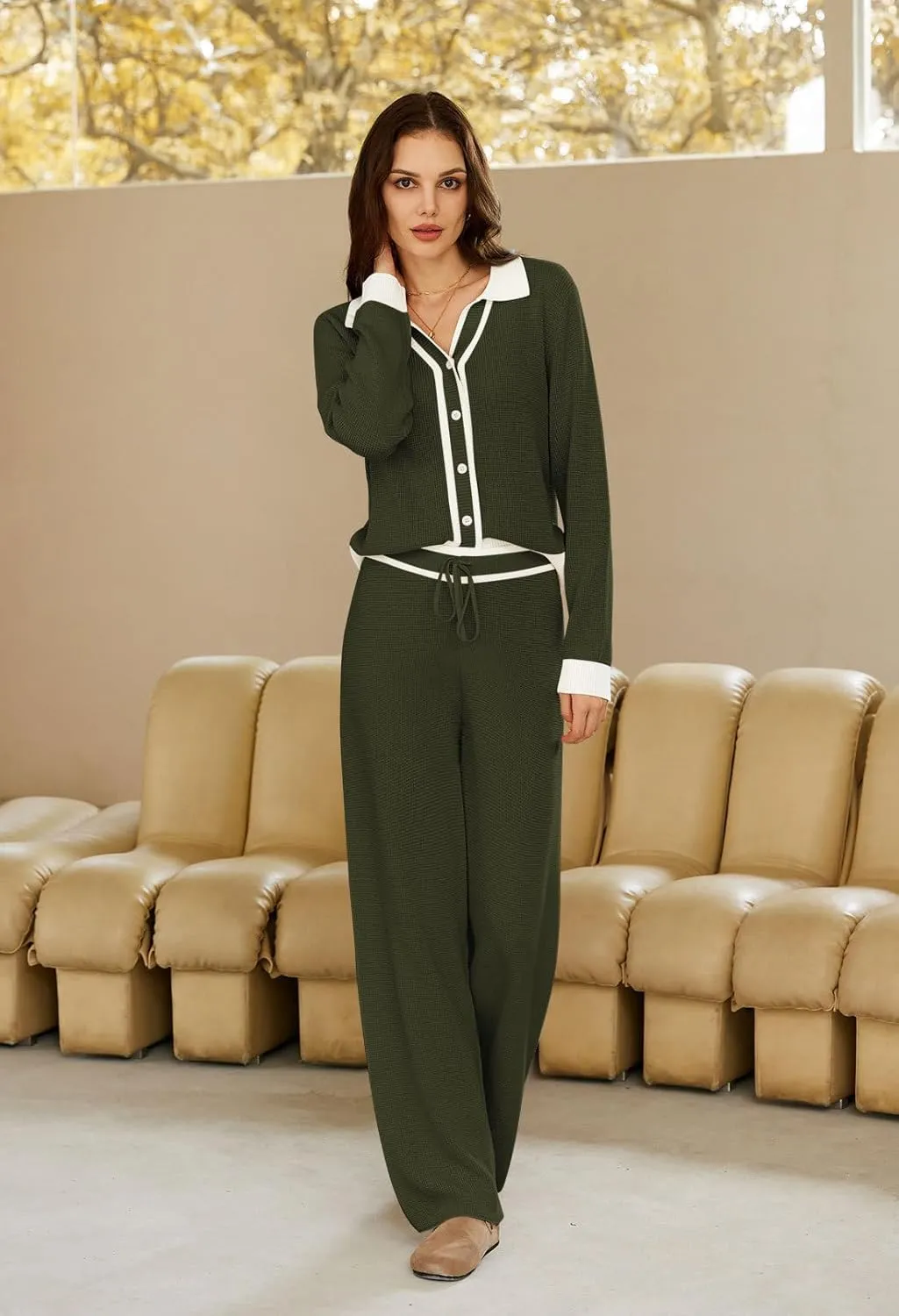 Viottiset Women's 2 Piece Outfits Sweatsuit Set Long Sleeve Button Sweatshirt Wide Leg Sweatpants Lounge Set Tracksuit