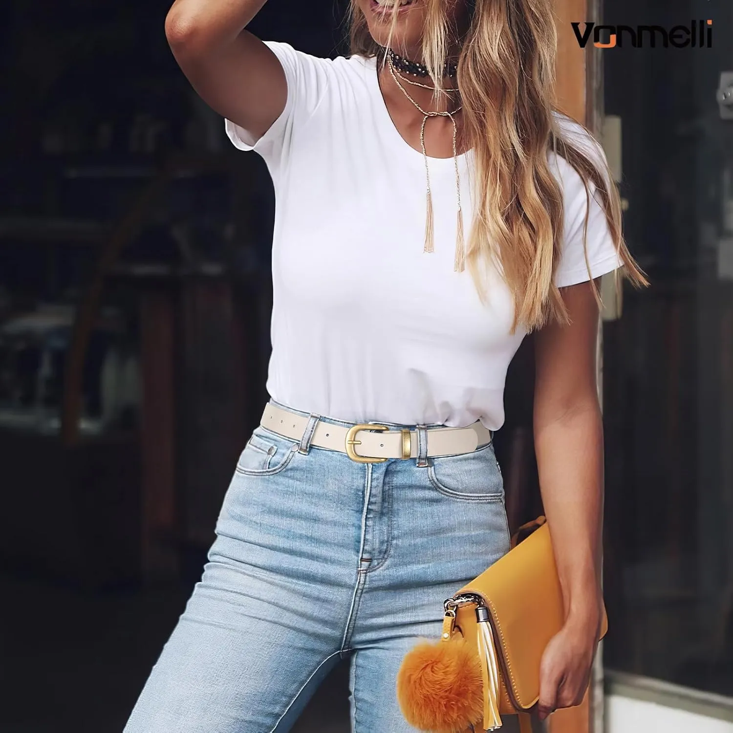 VONMELLI Women's Belt for Jean, Leather Belt for Women Dress Pant with Fashion Gold Buckle