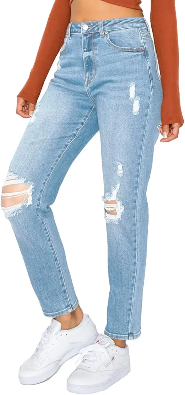 WAX JEAN Women's Mom Jean with Blown Out Knee