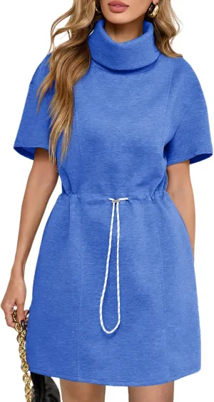 Wenrine Womens Sweatshirt Dress Drawstring Waist Short Sleeve High Neck Casual Mini Dress with Pockets